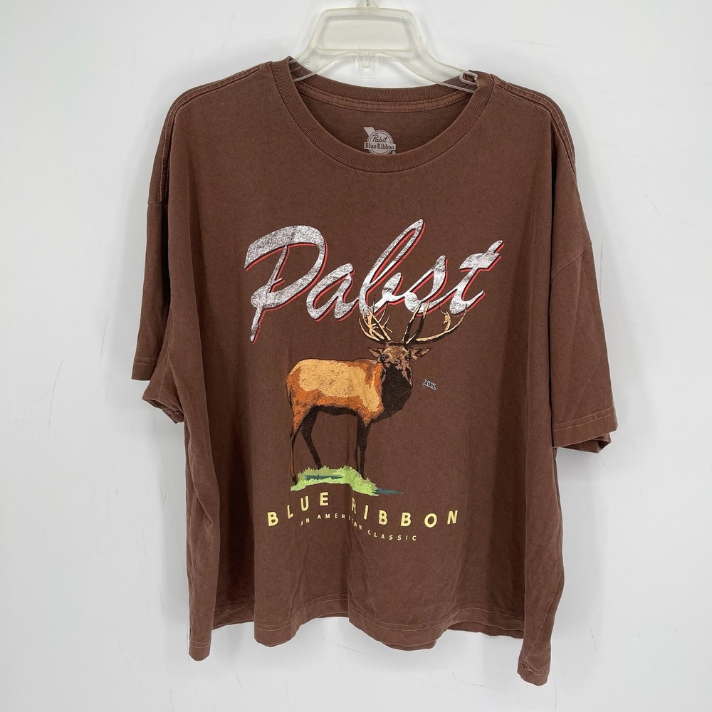 Pabst Blue Ribbon Men's Brown Elk Graphic Beer Cropped Tee T-Shirt Plus Size XXL